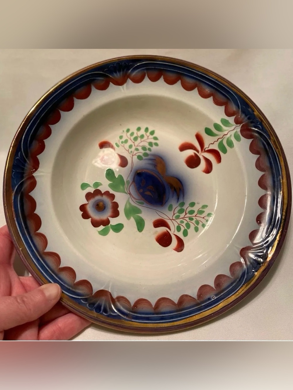 Gorgeous Gaudy Dutch Antique Flow Blue Ironstone Seeing Eye 9.25” Bowl c. 1850